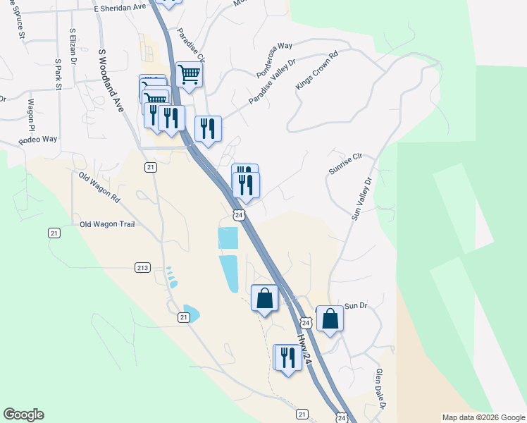 map of restaurants, bars, coffee shops, grocery stores, and more near 130 Elk Grove Lane in Woodland Park
