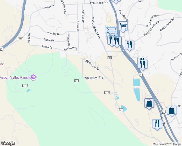 map of restaurants, bars, coffee shops, grocery stores, and more near 1005 Old Wagon Road in Woodland Park