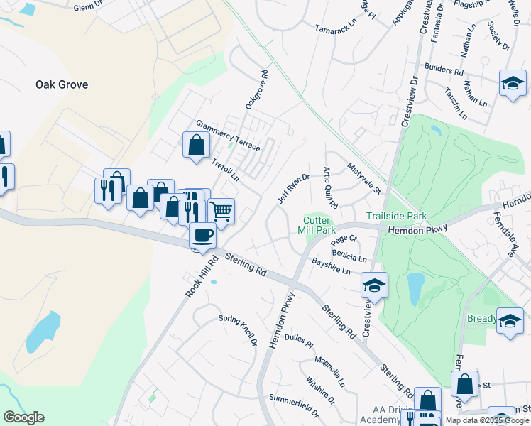 map of restaurants, bars, coffee shops, grocery stores, and more near 1029 Jeff Ryan Drive in Herndon