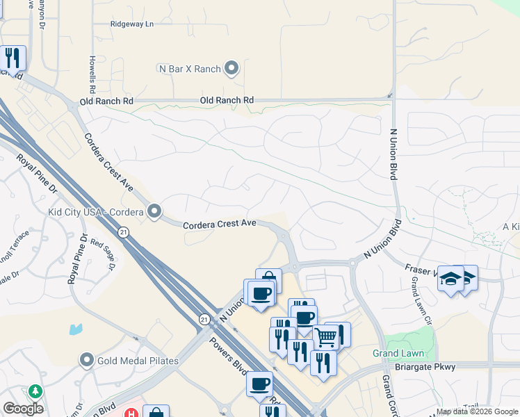 map of restaurants, bars, coffee shops, grocery stores, and more near 10072 Edgemont Ranch Lane in Colorado Springs