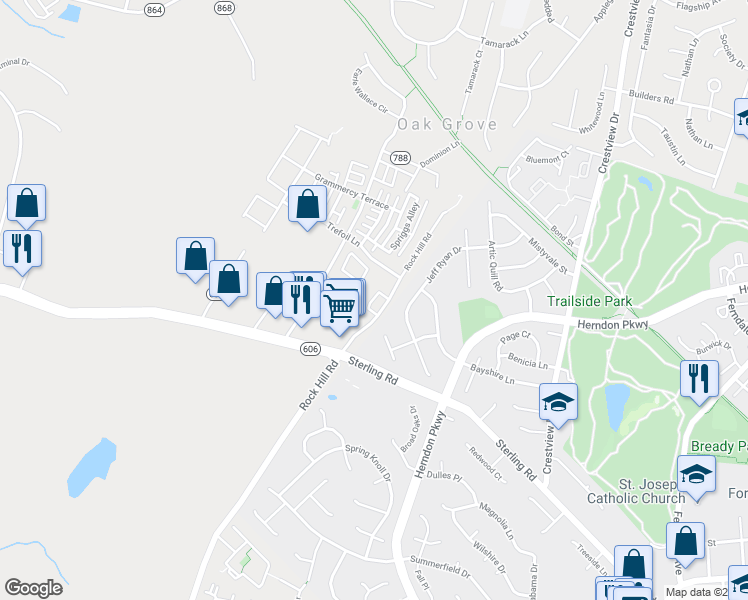 map of restaurants, bars, coffee shops, grocery stores, and more near 23138 Blackthorn Square in Sterling