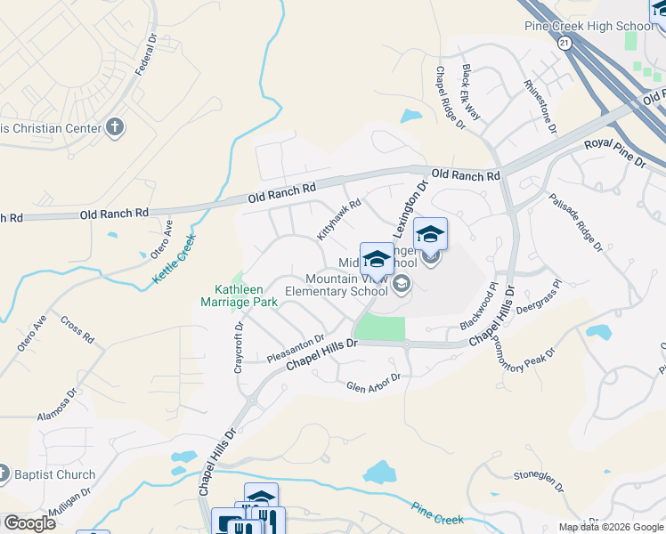 map of restaurants, bars, coffee shops, grocery stores, and more near 2625 Amberwood Lane in Colorado Springs