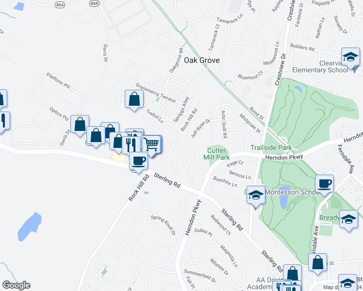 map of restaurants, bars, coffee shops, grocery stores, and more near 1029 Jeff Ryan Drive in Herndon