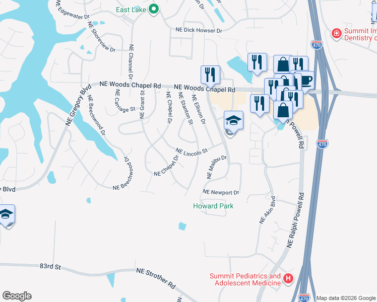 map of restaurants, bars, coffee shops, grocery stores, and more near 410 Northeast Stanton Lane in Lee's Summit