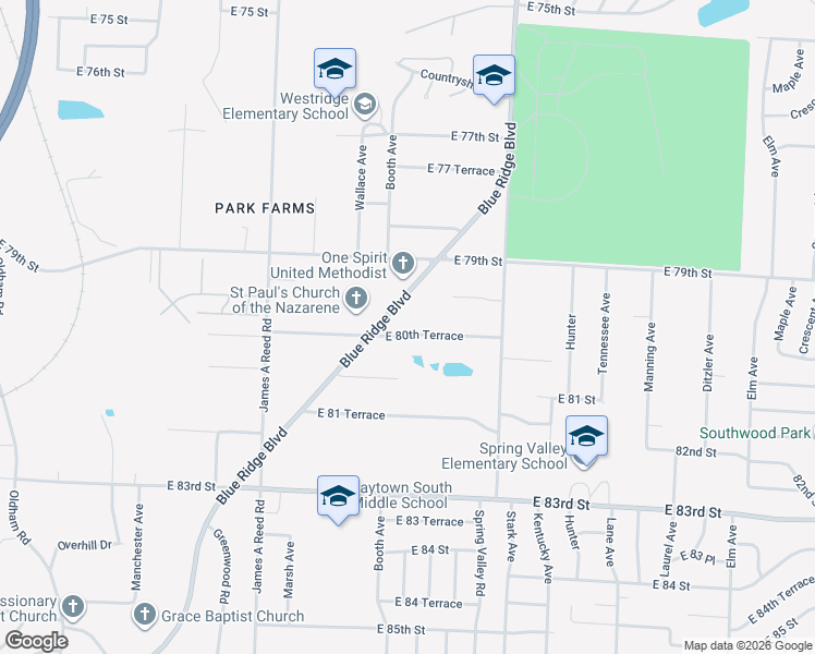 map of restaurants, bars, coffee shops, grocery stores, and more near 8620 East 80th Terrace in Raytown