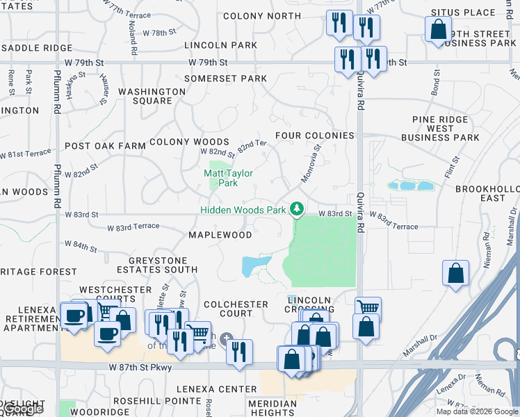 map of restaurants, bars, coffee shops, grocery stores, and more near 12311 West 82nd Place in Lenexa
