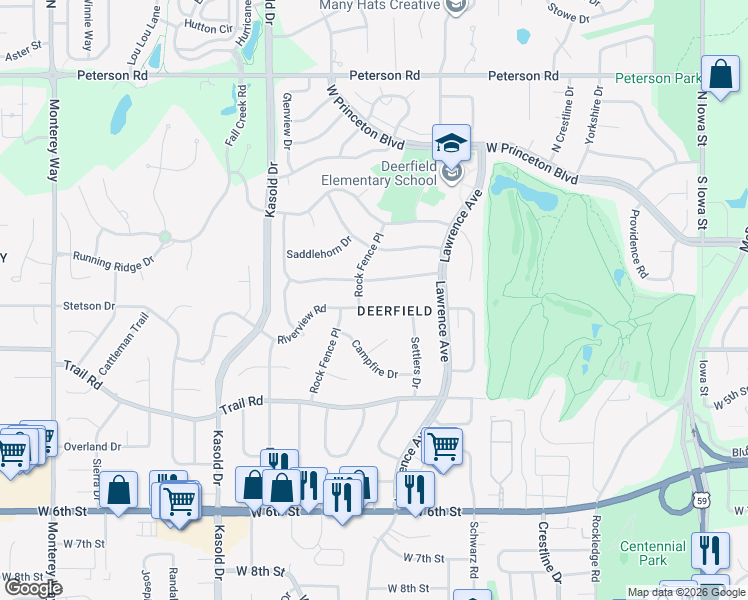 map of restaurants, bars, coffee shops, grocery stores, and more near 3027 Longhorn Drive in Lawrence