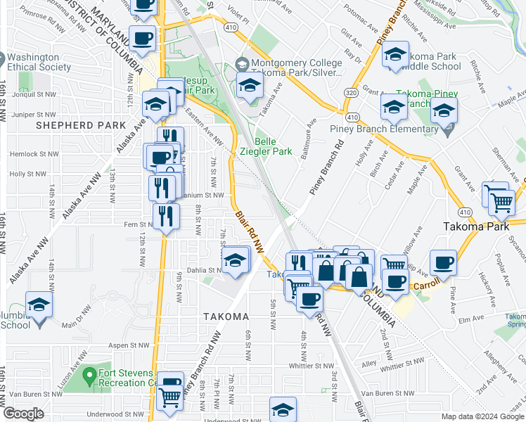 map of restaurants, bars, coffee shops, grocery stores, and more near 519 Fern Place Northwest in Washington