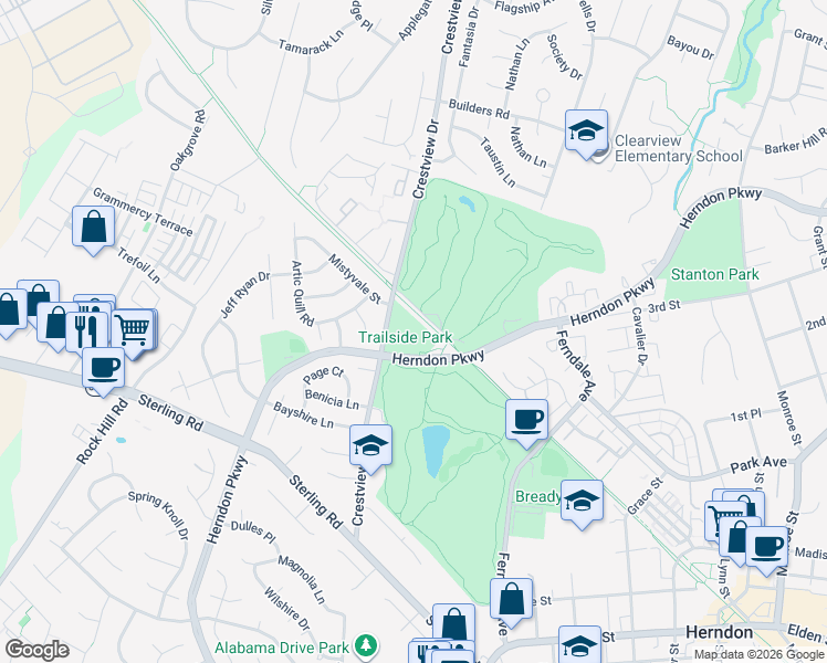 map of restaurants, bars, coffee shops, grocery stores, and more near 1022 Crestview Drive in Herndon