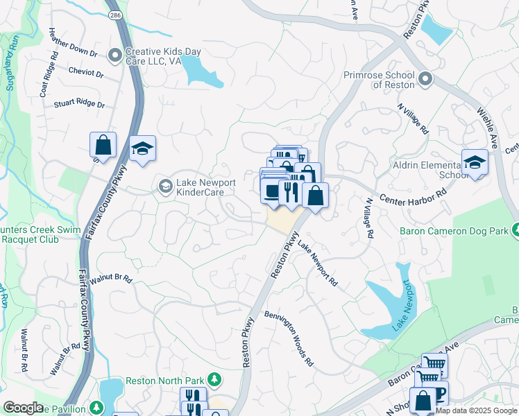 map of restaurants, bars, coffee shops, grocery stores, and more near 11735 Summerchase Circle in Reston