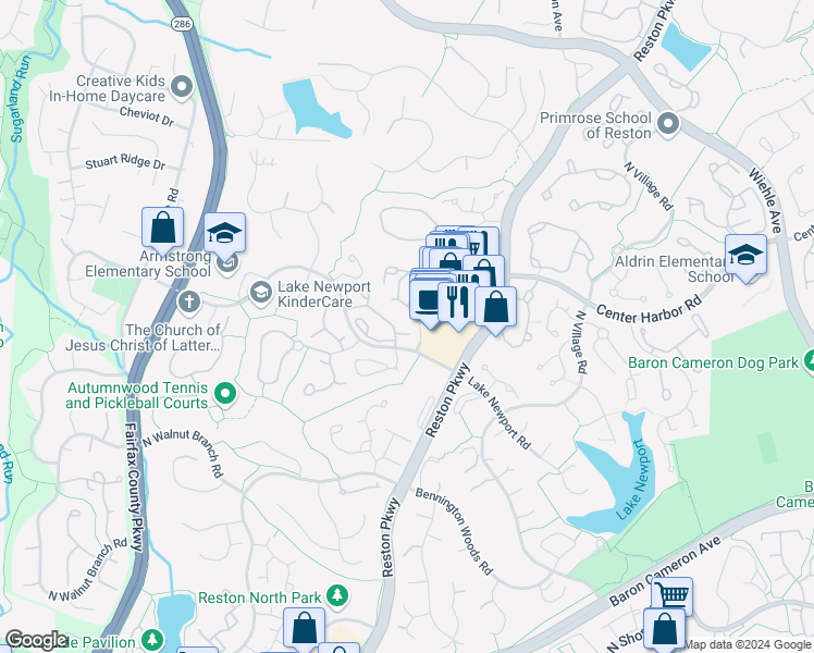 map of restaurants, bars, coffee shops, grocery stores, and more near 11733 Summerchase Circle in Reston