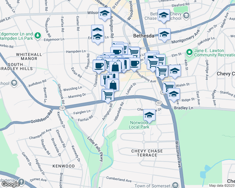 map of restaurants, bars, coffee shops, grocery stores, and more near 6931 Arlington Road in Bethesda
