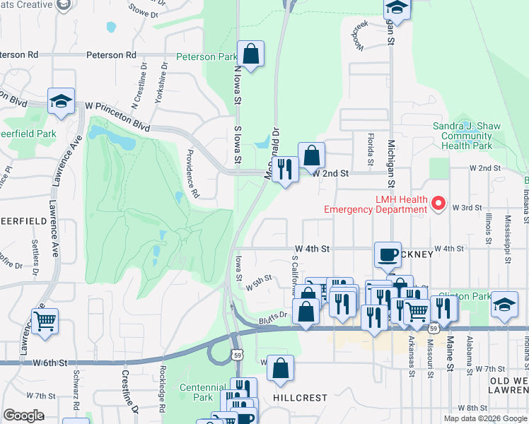 map of restaurants, bars, coffee shops, grocery stores, and more near 1928 West 3rd Street in Lawrence
