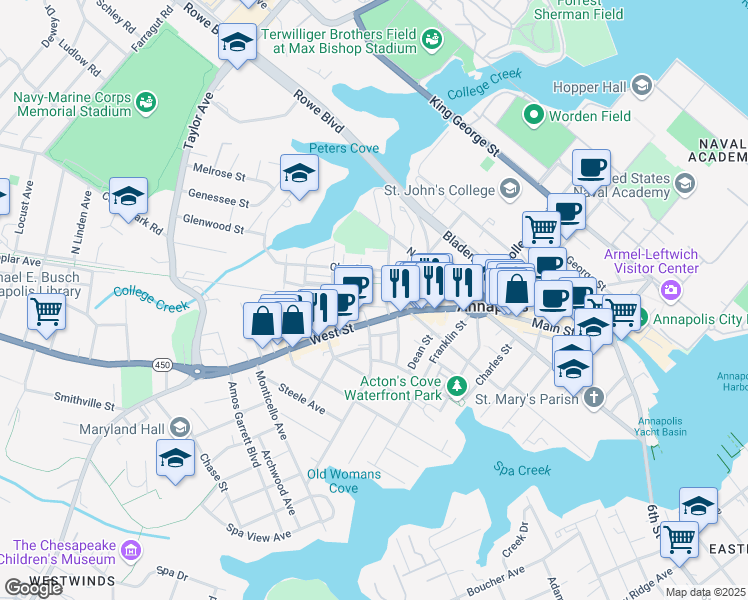 map of restaurants, bars, coffee shops, grocery stores, and more near 29 West Washington Street in Annapolis