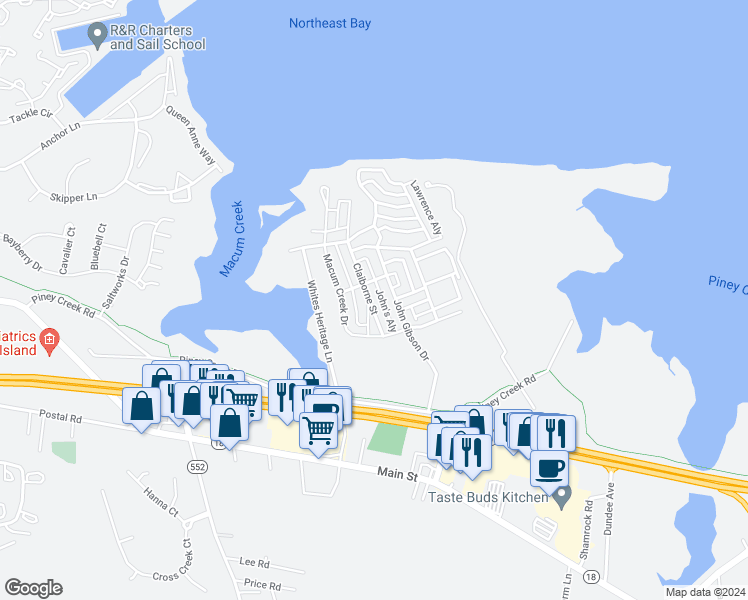 map of restaurants, bars, coffee shops, grocery stores, and more near 144 Claiborne Street in Chester