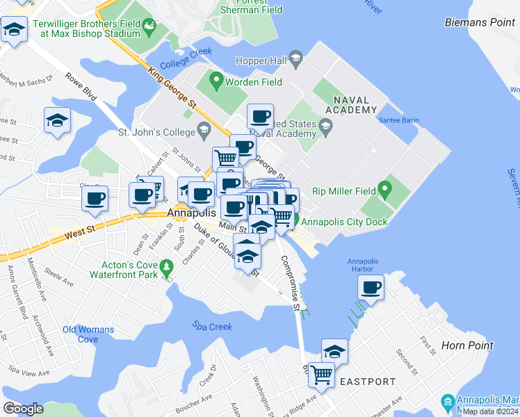 map of restaurants, bars, coffee shops, grocery stores, and more near 39 Pinkney Street in Annapolis