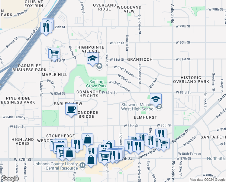 map of restaurants, bars, coffee shops, grocery stores, and more near 8221 Grant Street in Overland Park