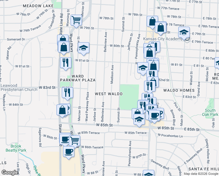 map of restaurants, bars, coffee shops, grocery stores, and more near 8219 Madison Avenue in Kansas City