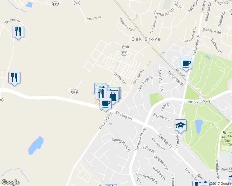 map of restaurants, bars, coffee shops, grocery stores, and more near 23190 Blackthorn Square in Sterling