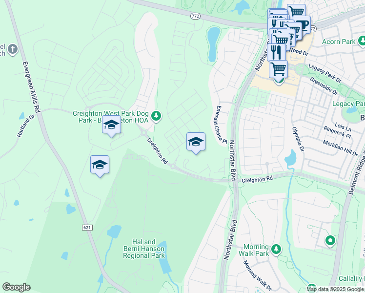 map of restaurants, bars, coffee shops, grocery stores, and more near 42131 Shining Star Square in Brambleton