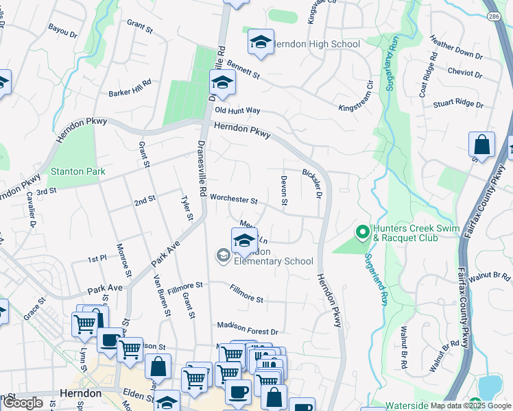 map of restaurants, bars, coffee shops, grocery stores, and more near 603 Worchester Street in Herndon
