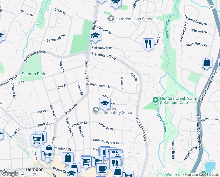 map of restaurants, bars, coffee shops, grocery stores, and more near 603 Worchester Street in Herndon
