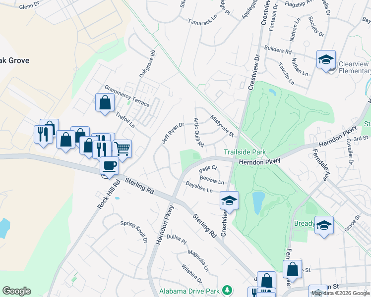map of restaurants, bars, coffee shops, grocery stores, and more near 1400 Cuttermill Court in Herndon