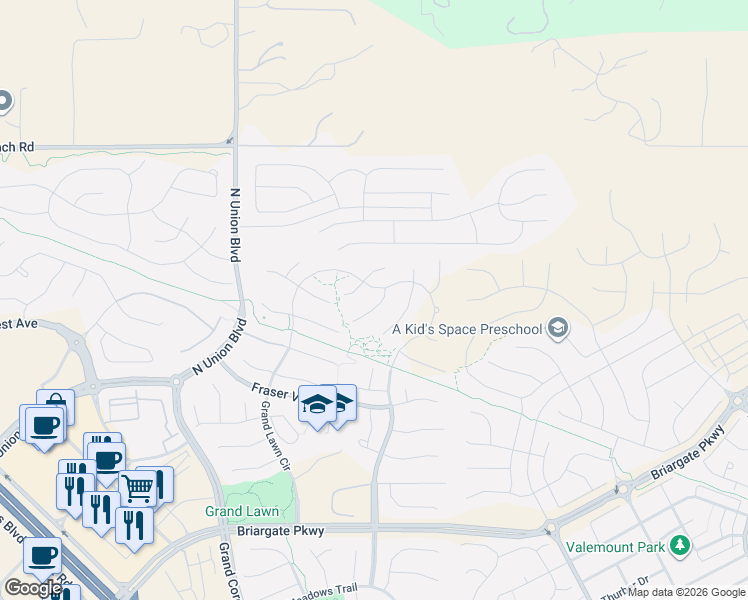 map of restaurants, bars, coffee shops, grocery stores, and more near 9912 Grand Lawn Circle in Colorado Springs