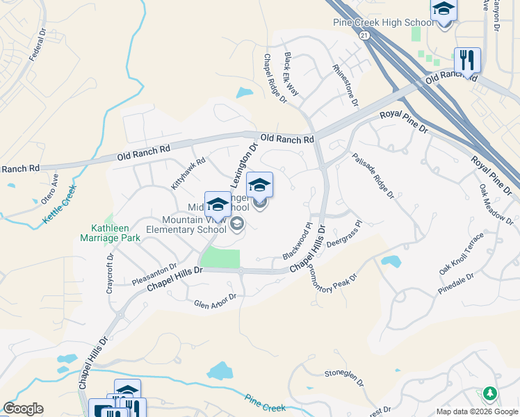 map of restaurants, bars, coffee shops, grocery stores, and more near 10215 Lexington Drive in Colorado Springs