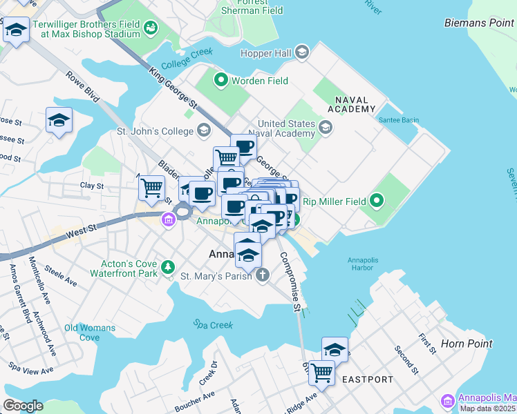 map of restaurants, bars, coffee shops, grocery stores, and more near 43 Pinkney Street in Annapolis