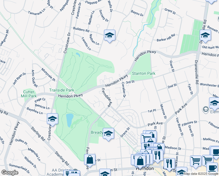 map of restaurants, bars, coffee shops, grocery stores, and more near 1070 Trevino Lane in Herndon