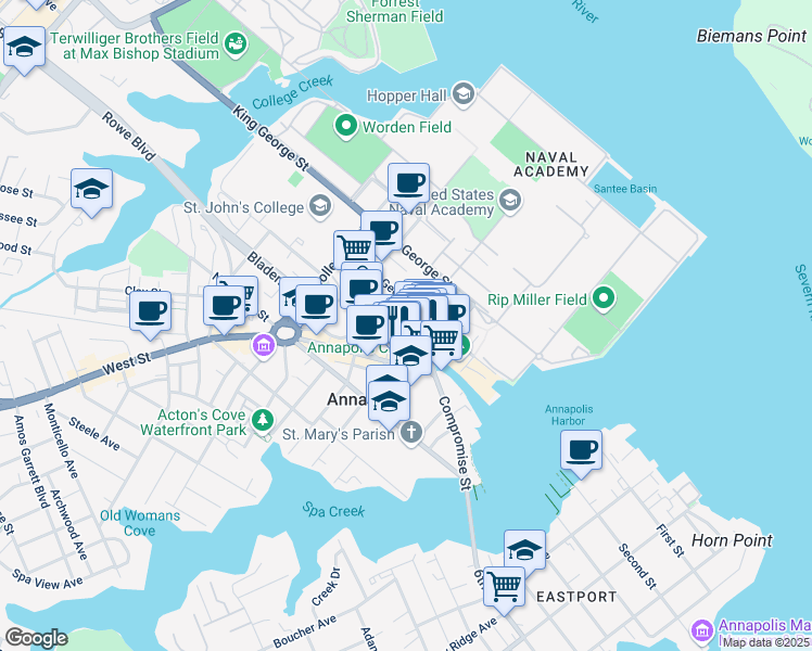 map of restaurants, bars, coffee shops, grocery stores, and more near 43 Pinkney Street in Annapolis