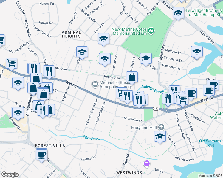 map of restaurants, bars, coffee shops, grocery stores, and more near 20 Locust Avenue in Annapolis