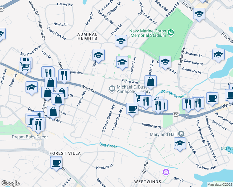 map of restaurants, bars, coffee shops, grocery stores, and more near 5 North Cherry Grove Avenue in Annapolis