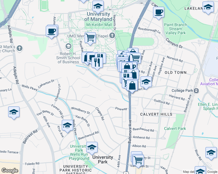 map of restaurants, bars, coffee shops, grocery stores, and more near 4314 Rowalt Drive in College Park