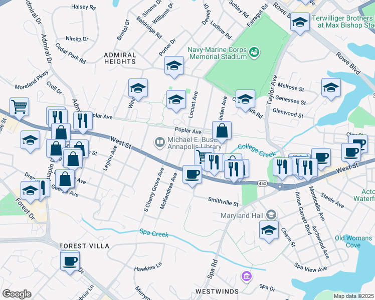 map of restaurants, bars, coffee shops, grocery stores, and more near 20 Locust Avenue in Annapolis