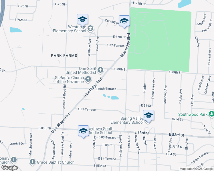 map of restaurants, bars, coffee shops, grocery stores, and more near 8620 East 80th Terrace in Raytown