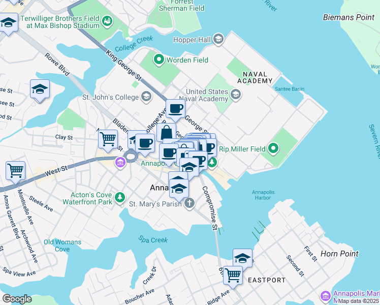 map of restaurants, bars, coffee shops, grocery stores, and more near 34 Pinkney Street in Annapolis