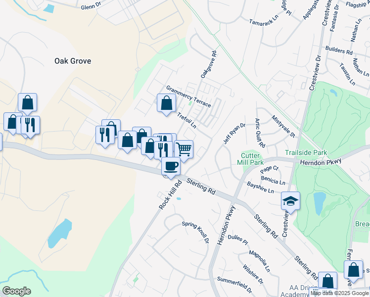 map of restaurants, bars, coffee shops, grocery stores, and more near 46021 Caraway Terrace in Sterling
