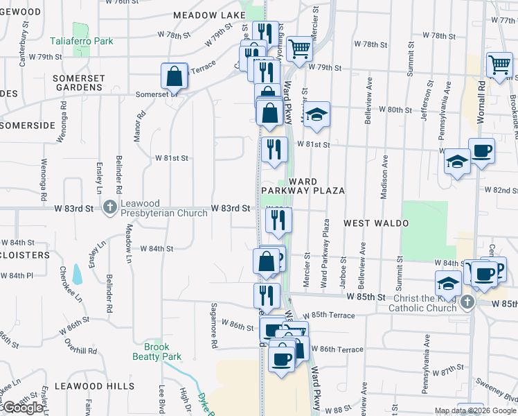 map of restaurants, bars, coffee shops, grocery stores, and more near State Line Rd & W 83rd St in Kansas City