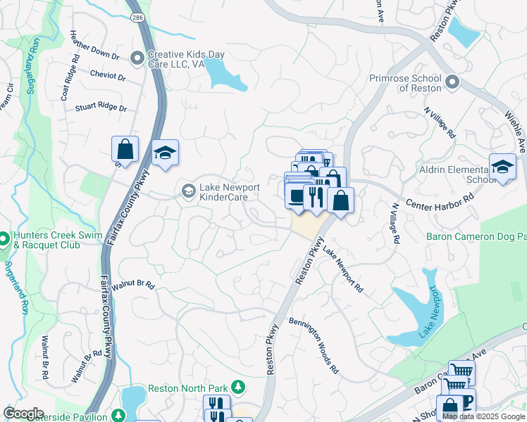 map of restaurants, bars, coffee shops, grocery stores, and more near 11708 Summerchase Circle in Reston