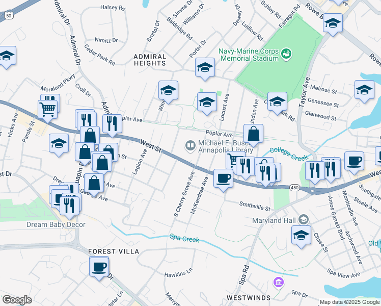 map of restaurants, bars, coffee shops, grocery stores, and more near 1410 West Street in Annapolis