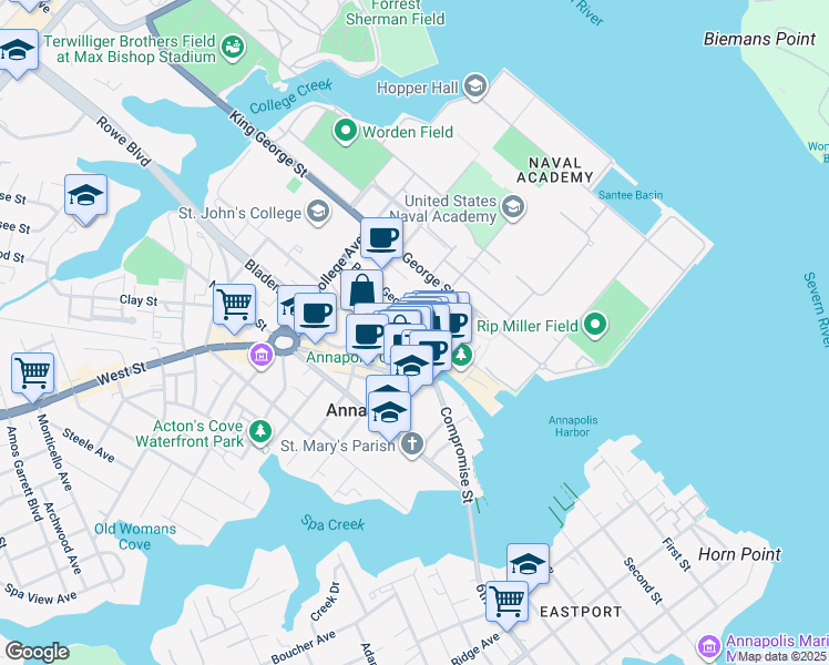 map of restaurants, bars, coffee shops, grocery stores, and more near 32 Pinkney Street in Annapolis