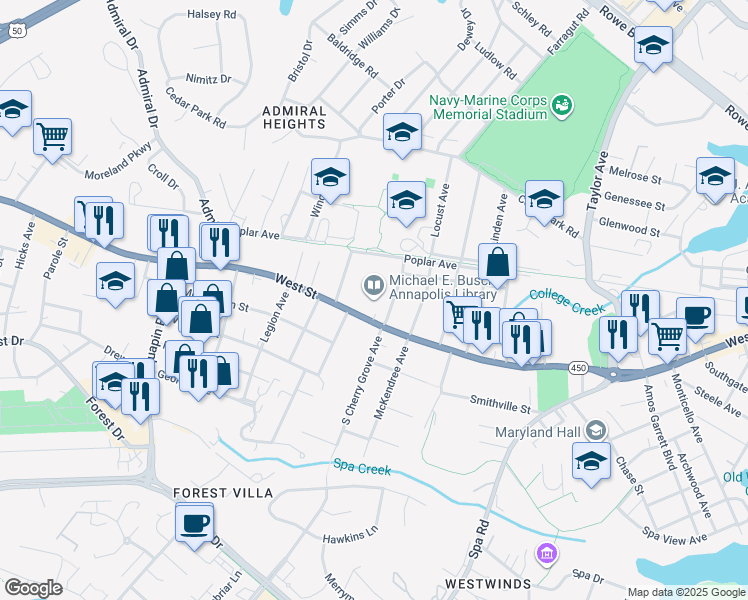map of restaurants, bars, coffee shops, grocery stores, and more near 1410 West Street in Annapolis