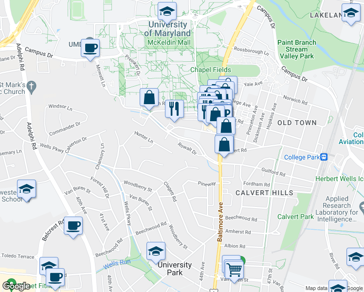map of restaurants, bars, coffee shops, grocery stores, and more near 4325 Rowalt Drive in College Park