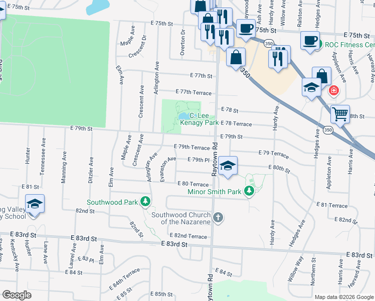 map of restaurants, bars, coffee shops, grocery stores, and more near 9709 East 79th Terrace in Raytown