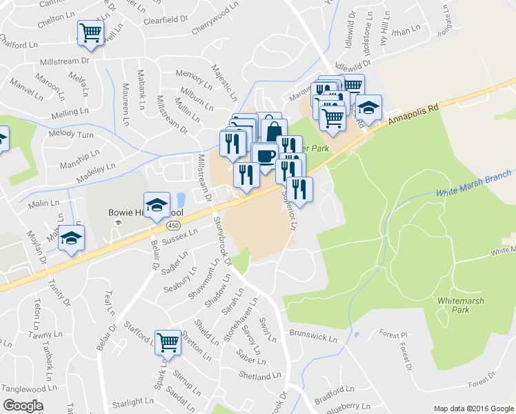 map of restaurants, bars, coffee shops, grocery stores, and more near 15505 Annapolis Road in Bowie