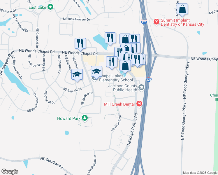 map of restaurants, bars, coffee shops, grocery stores, and more near 3620 Northeast Akin Boulevard in Lee's Summit