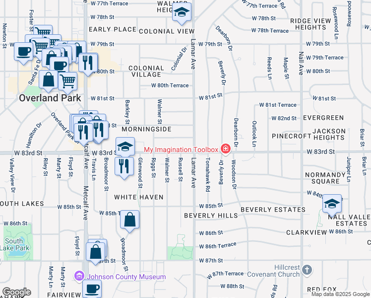 map of restaurants, bars, coffee shops, grocery stores, and more near 6314 West 83rd Street in Overland Park