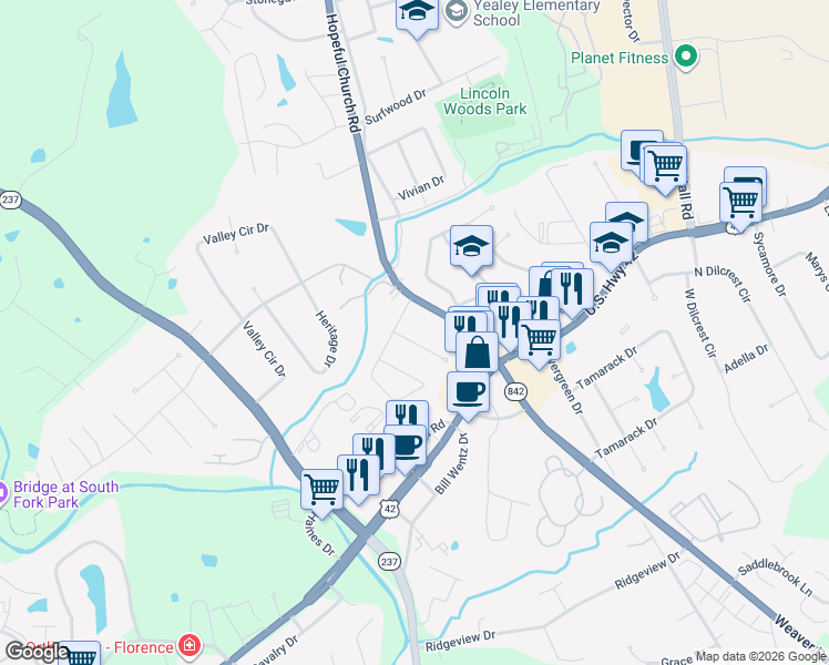 map of restaurants, bars, coffee shops, grocery stores, and more near 7861 Hopeful Church Road in Florence